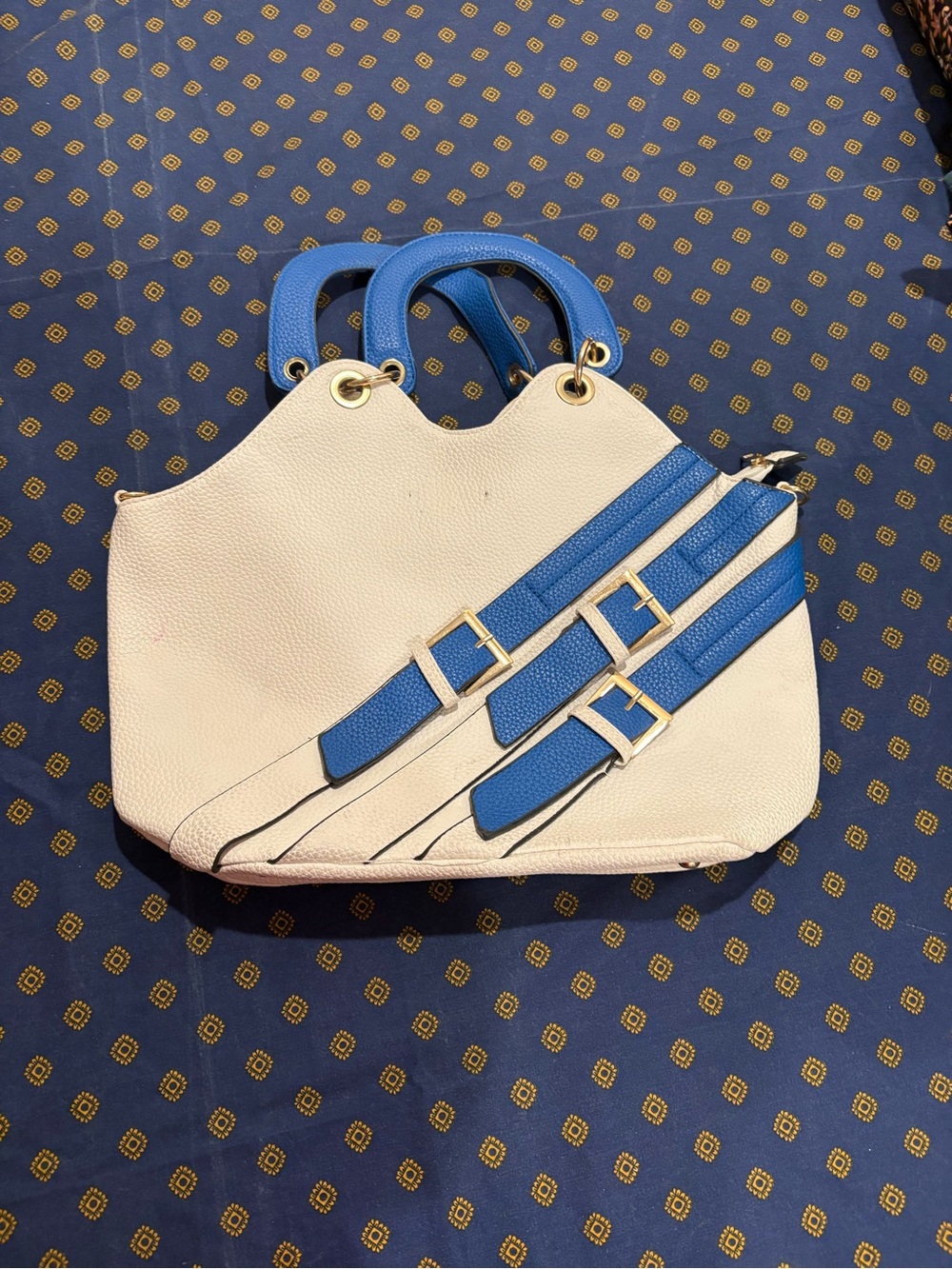 Cream and Blue Women's Handbag with Buckle Accent